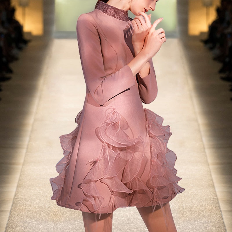 Charming Rouge Dress With Feather Organza Ruffles Women