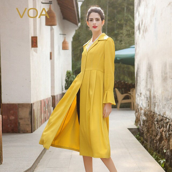 Voa Fall Fashion Brief Solid Flare Sleeve Heavy Silk Trench Coat Plus Size High Waist Slim Women Long Coat