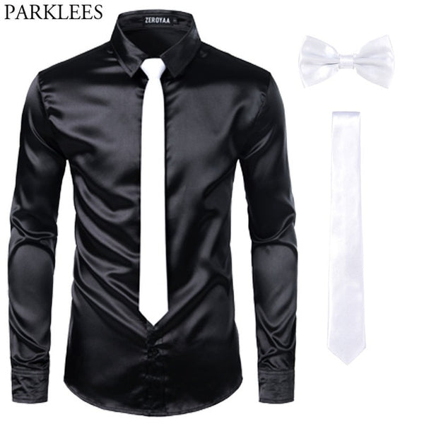 Men's Silk Dress Shirts 3Pcs (Shirt +Tie + Bow-Tie) Smooth Satin Shirt Men Slim Fit Party Prom Casual Shirts Men Social