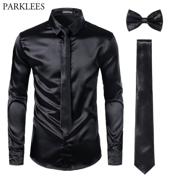 Men's Silk Dress Shirts 3Pcs (Shirt +Tie + Bow-Tie) Smooth Satin Shirt Men Slim Fit Party Prom Casual Shirts Men Social