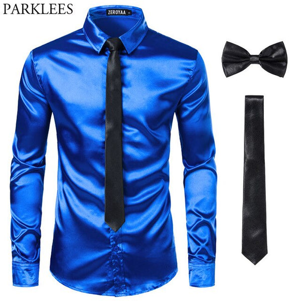 Men's Silk Dress Shirts 3Pcs (Shirt +Tie + Bow-Tie) Smooth Satin Shirt Men Slim Fit Party Prom Casual Shirts Men Social