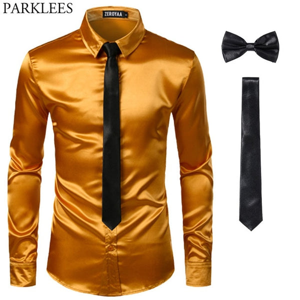 Men's Silk Dress Shirts 3Pcs (Shirt +Tie + Bow-Tie) Smooth Satin Shirt Men Slim Fit Party Prom Casual Shirts Men Social