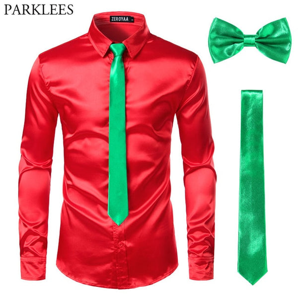 Men's Silk Dress Shirts 3Pcs (Shirt +Tie + Bow-Tie) Smooth Satin Shirt Men Slim Fit Party Prom Casual Shirts Men Social