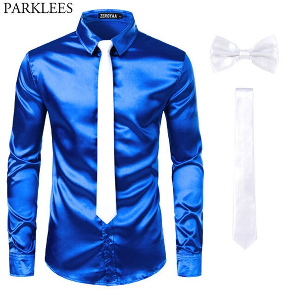 Men's Silk Dress Shirts 3Pcs (Shirt +Tie + Bow-Tie) Smooth Satin Shirt Men Slim Fit Party Prom Casual Shirts Men Social