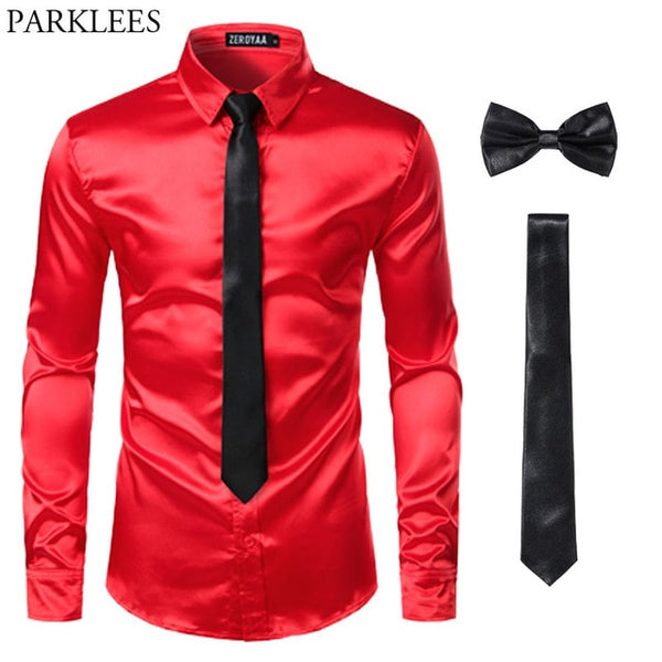 Men's Silk Dress Shirts 3Pcs (Shirt +Tie + Bow-Tie) Smooth Satin Shirt Men Slim Fit Party Prom Casual Shirts Men Social