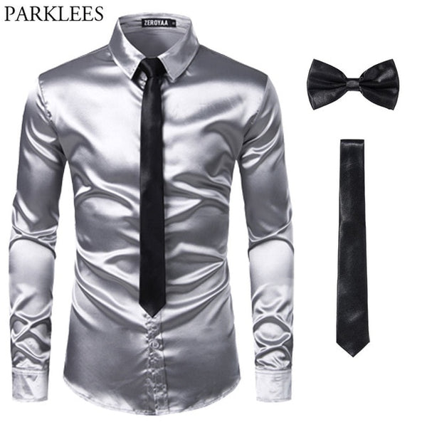 Men's Silk Dress Shirts 3Pcs (Shirt +Tie + Bow-Tie) Smooth Satin Shirt Men Slim Fit Party Prom Casual Shirts Men Social