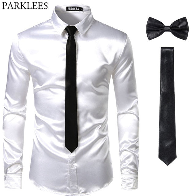 Men's Silk Dress Shirts 3Pcs (Shirt +Tie + Bow-Tie) Smooth Satin Shirt Men Slim Fit Party Prom Casual Shirts Men Social