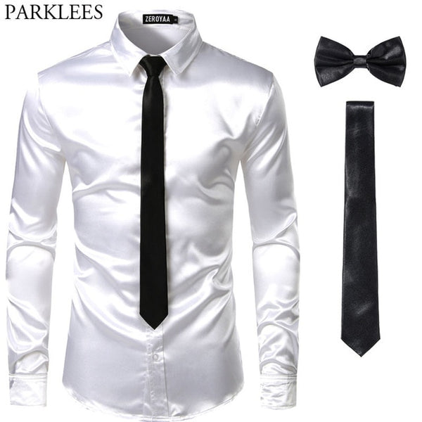 Men's Silk Dress Shirts 3Pcs (Shirt +Tie + Bow-Tie) Smooth Satin Shirt Men Slim Fit Party Prom Casual Shirts Men Social