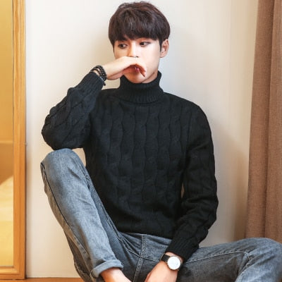 Plus Size Sweater Men Turtle Neck Thick Warm Men's Sweaters Wool Pullover High Turtle Neck Casual Male Sweater Pull  Black