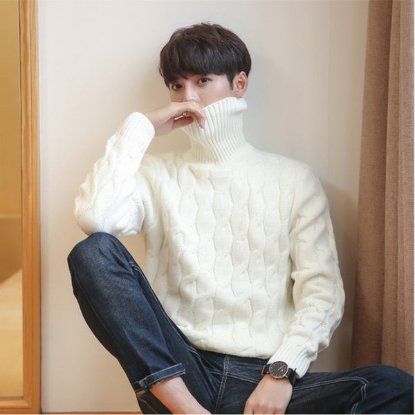 Plus Size Sweater Men Turtle Neck Thick Warm Men's Sweaters Wool Pullover High Turtle Neck Casual Male Sweater Pull  Black