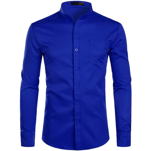Men's Royal Dress Shirts Brand Banded Mandarin Collar Shirt Male Long Sleeve Casual Button Down Shirt With Pocket