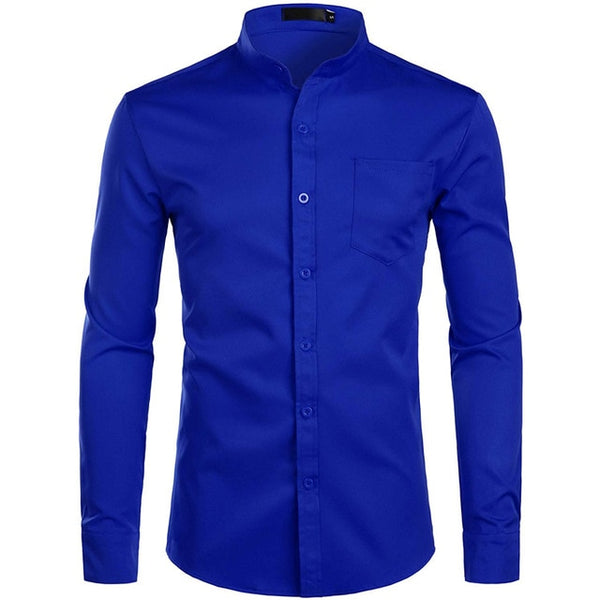 Men's Royal Dress Shirts Brand Banded Mandarin Collar Shirt Male Long Sleeve Casual Button Down Shirt With Pocket