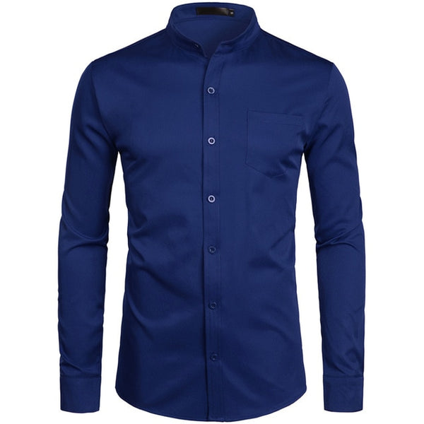Men's Royal Dress Shirts Brand Banded Mandarin Collar Shirt Male Long Sleeve Casual Button Down Shirt With Pocket