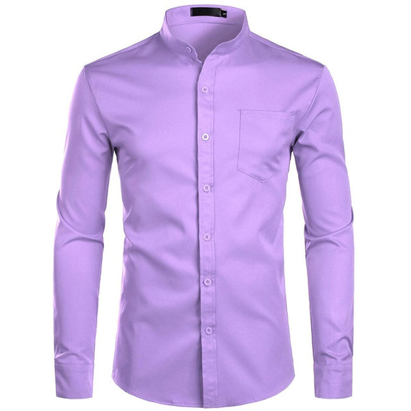 Men's Royal Dress Shirts Brand Banded Mandarin Collar Shirt Male Long Sleeve Casual Button Down Shirt With Pocket