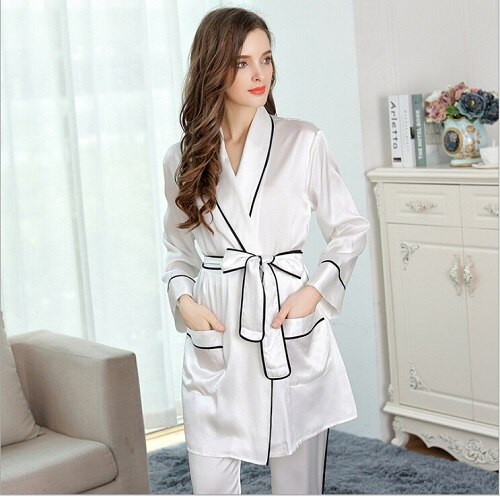 Pyjama Set Women Silk Stain Pajamas Set With Belt Pants Plus Size Sexy Pijamas Sleepwear Homewear Sets