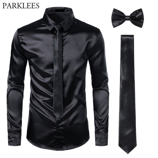 Men's Silk Dress Shirts 3Pcs (Shirt +Tie + Bow-Tie) Smooth Satin Shirt Men Slim Fit Party Prom Casual Shirts Men Social
