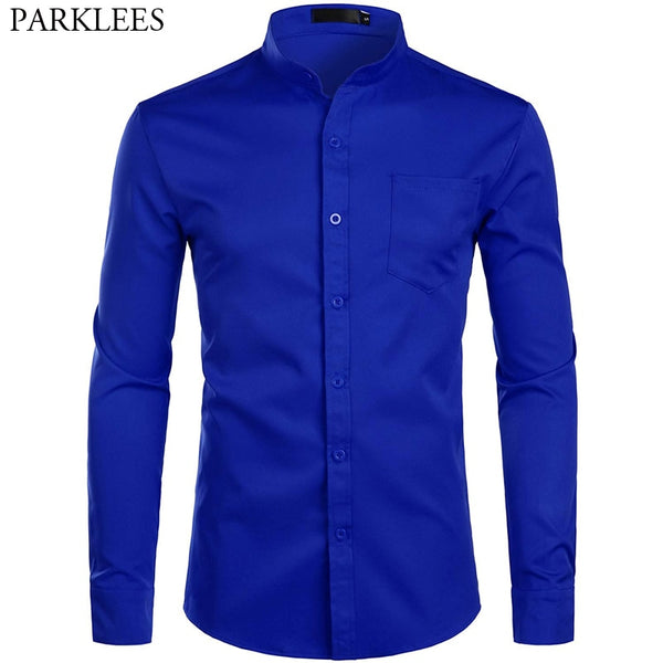Men's Royal Dress Shirts Brand Banded Mandarin Collar Shirt Male Long Sleeve Casual Button Down Shirt With Pocket