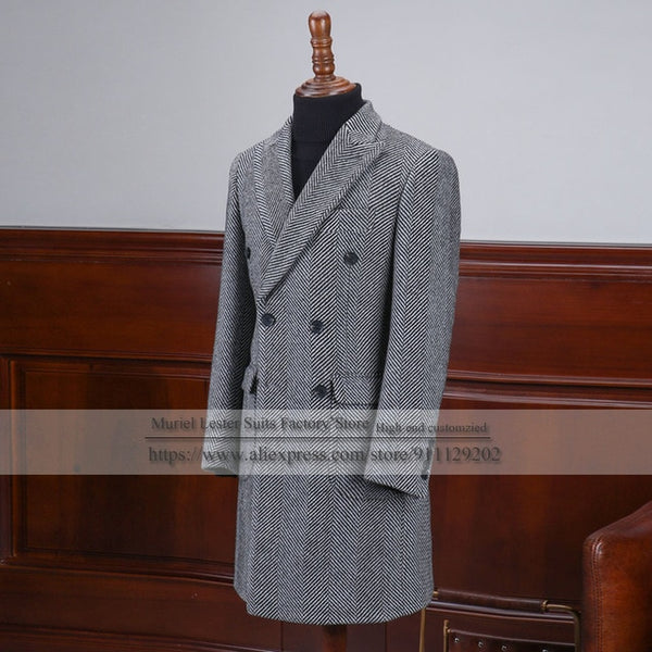 Custom Made Houndstooth Wool Double Breasted Full Woollen Formal Overcoat Herringbone Jacket Men Trench Coat Blazer