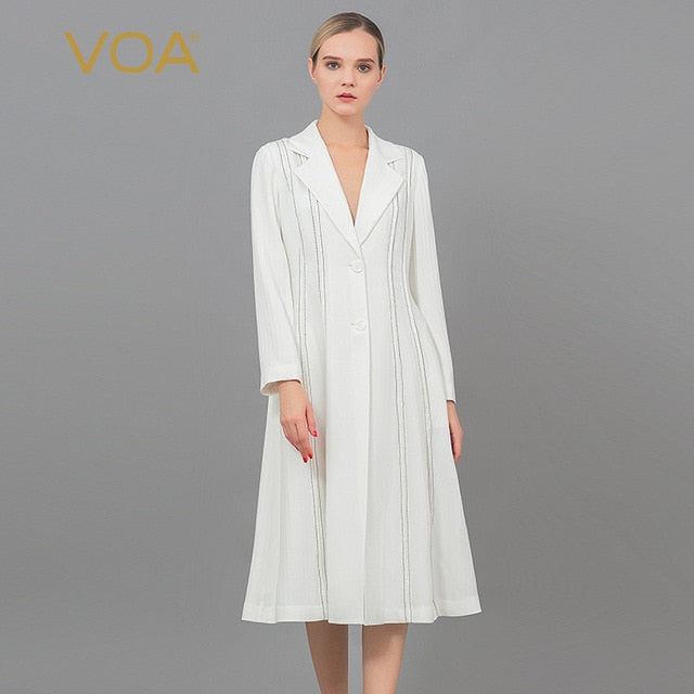 Voa Stripe Heavy Silk Flat Collar Collar Seven Open Body Hit The Material Curling Long Sleeve Trench Coat