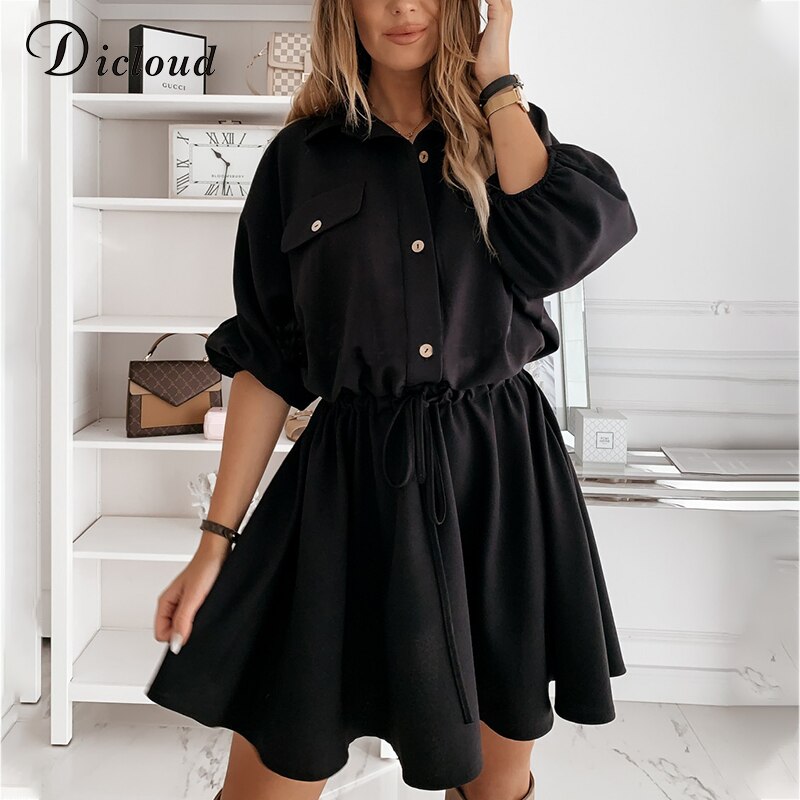 Dicloud Button-Up WoMen's Shirt Dresses Long Batwing Sleeve A Line Ruffle Party Day Dress Ladies Clothing
