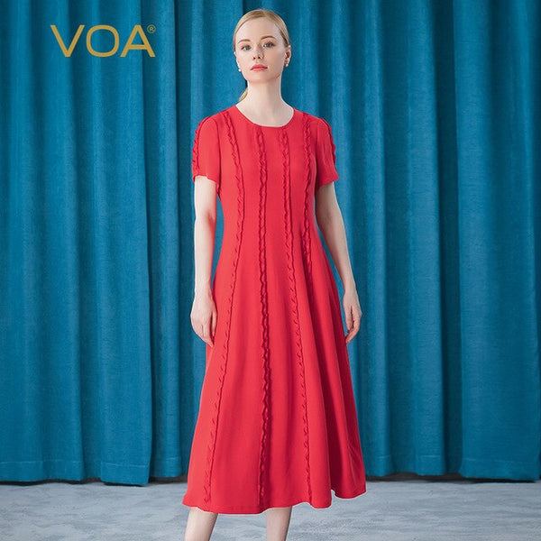 Voa Silk Dream Heavy Spiral Stripe Stereo Stitching Decoration Short Sleeve Round Neck Dress For Women Ae671