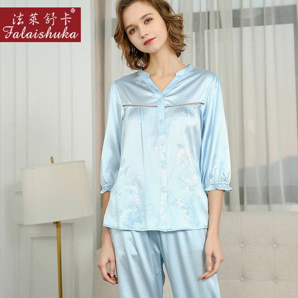 Sweet 100% Genuine Silk Pajamas Sets Women Sleepwear Korean Elegant Fashion Pure Silk WoMen's Pyjamas T8238