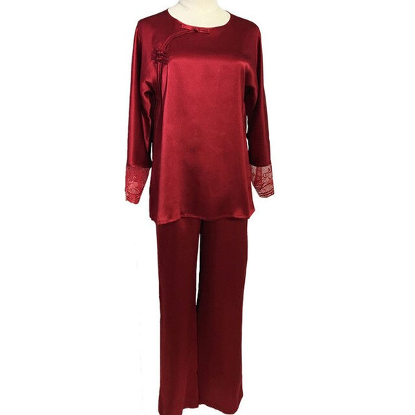 2 Piece Women Wear Ladies Soft Satin Lace Silk Pajamas Long Sleeves WoMen's Luxury Sexy Clothes High Fashion Sleepwear Set