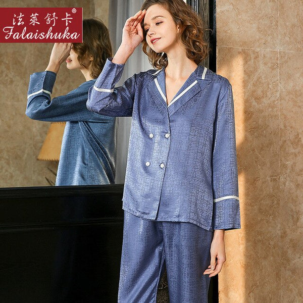 Super Quality 100% Natural Silk Pajamas Sets Women Sleepwear Long Sleeves Noble Genuine Silk Pyjamas Women T8225