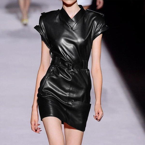 WoMen's Genuine Leather Dress Sexy Slim Waistband Zipper Short Sleeve V Neck Female Real Leather Dresses