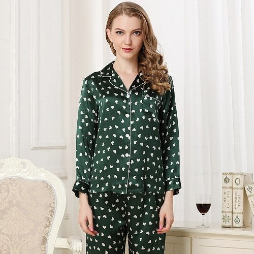 Elegant Luxury Silk Pajamas For Women Heart Print Pyjamas Women Lounge Pajama Sets Silk Satin Pants Pijama Feminino